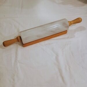 Vintage White Marble Rolling Pin with Wood Handles and Matching Cradle Base 18in